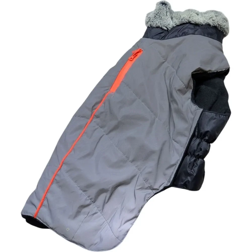 Quilted Puffy Coat For Dog with Fur Collar In Gray And Black